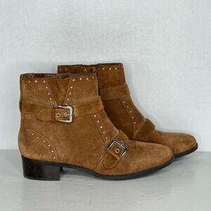 Isaac Mizrahi Shelby Ankle Boot Chestnut Suede Studs Buckle Y2K Sz 7 1/2